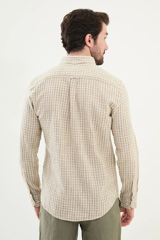 Linen Khaki Green Plaid Shirt