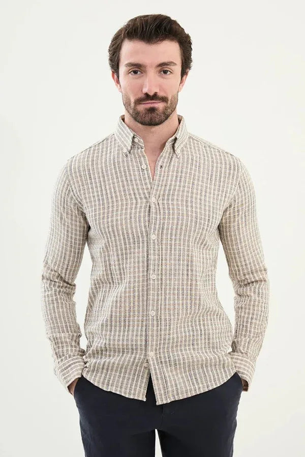 Marina Linen Navy Blue Plaid Shirt