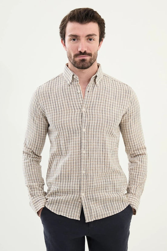 Linen Navy Blue Plaid Shirt