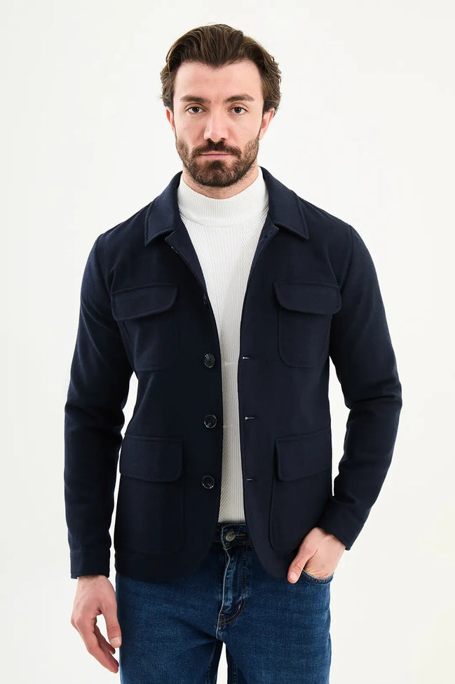 Navy Blue Double Pocket Wool Coat