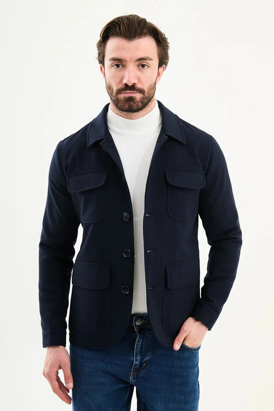 Navy Blue Double Pocket Wool Coat