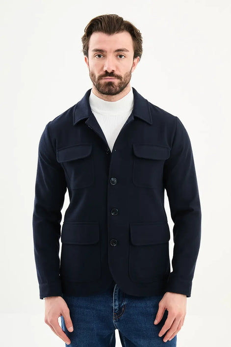 Navy Blue Double Pocket Wool Coat