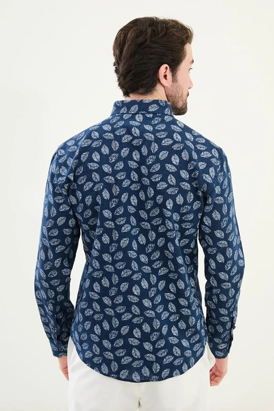 Tropical Navy Blue Linen Shirt