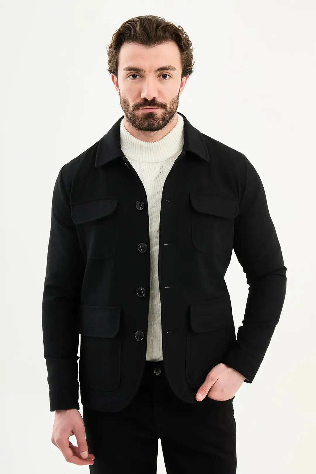 Black Double Pocket Wool Coat