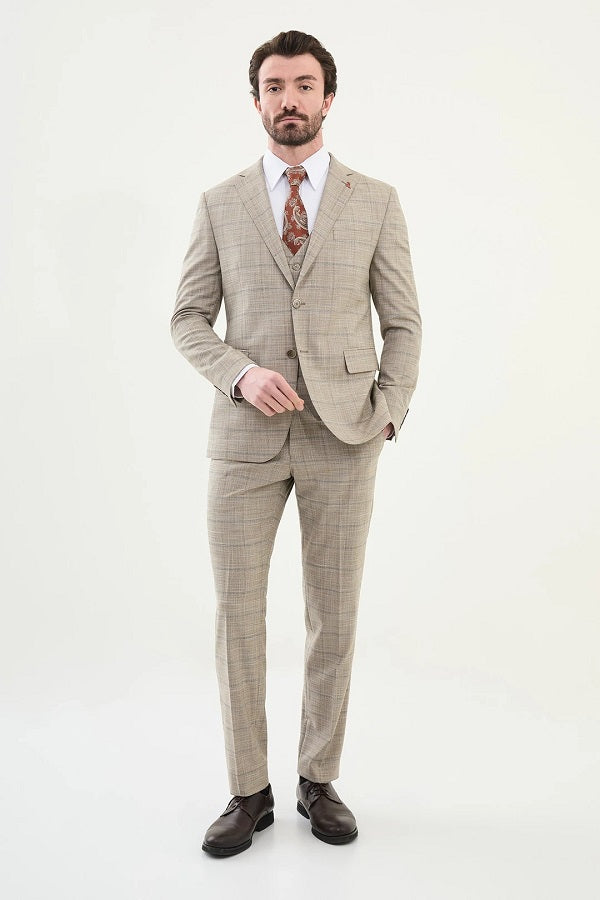 Marion 3 Piece Plaid Beige Linen Suit