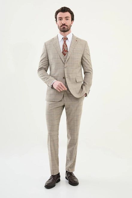 Marion 3 Piece Plaid Beige Linen Suit