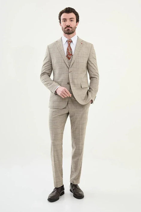 Marion 3 Piece Plaid Beige Linen Suit
