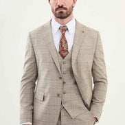 Marion 3 Piece Plaid Beige Linen Suit