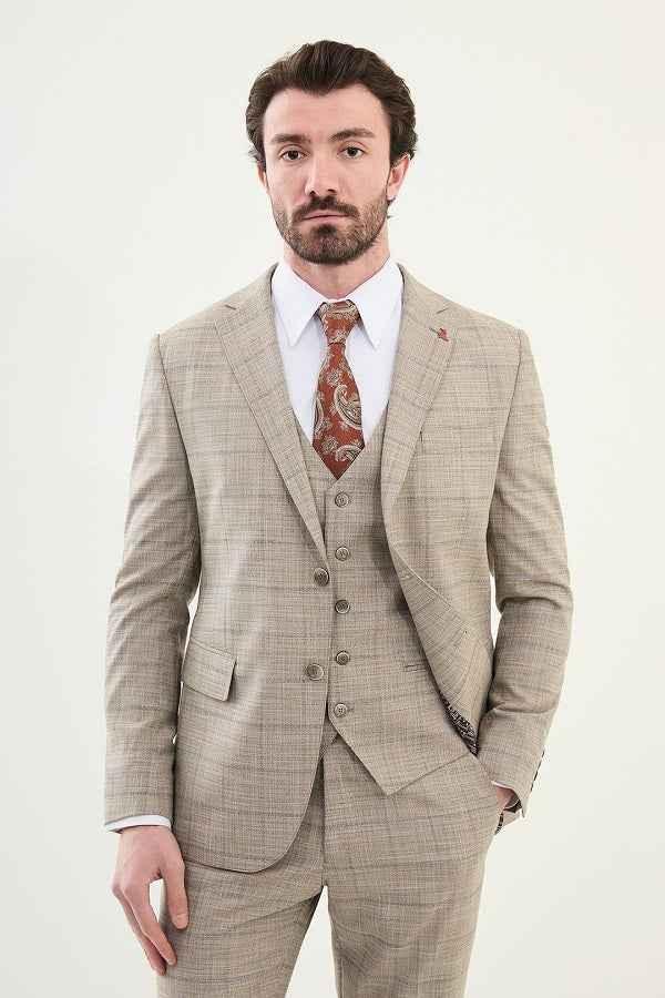 Marion 3 Piece Plaid Beige Linen Suit