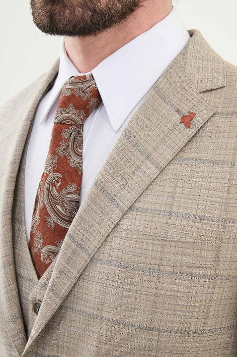 Marion 3 Piece Plaid Beige Linen Suit