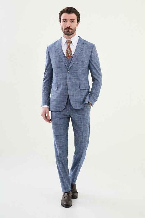 Marion 3 Piece Plaid Blue Linen Suit