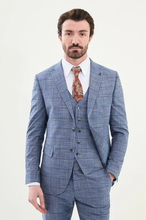 Marion 3 Piece Plaid Blue Linen Suit