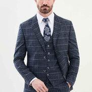 Marion 3 Piece Plaid Navy Blue Linen Suit