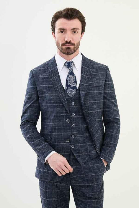 Marion 3 Piece Plaid Navy Blue Linen Suit
