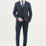 Marion 3 Piece Plaid Navy Blue Linen Suit