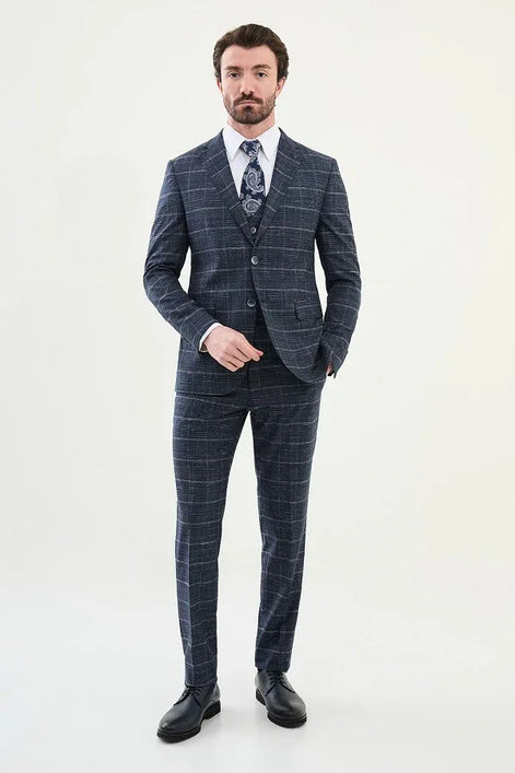 Marion 3 Piece Plaid Navy Blue Linen Suit