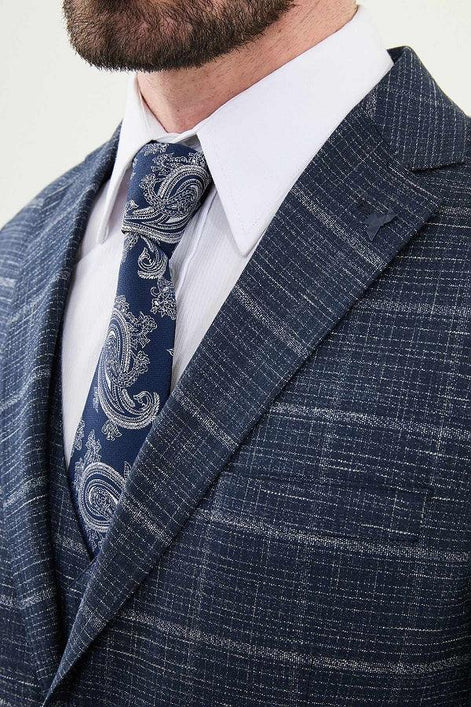 Marion 3 Piece Plaid Navy Blue Linen Suit