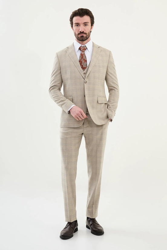 Beige 3 Piece Checkered Suit