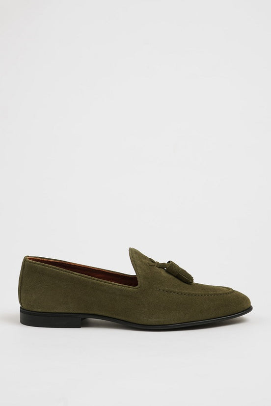 Men's Khaki Green Suede Tassel Loafers