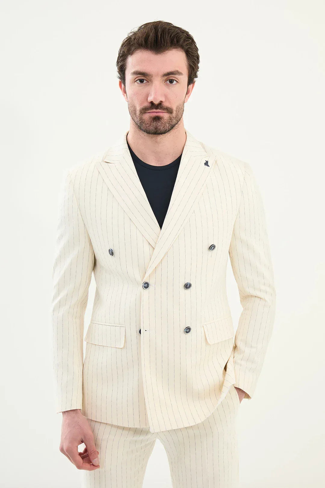 Marion Pinstripe Linen Double Breasted Suit Beige