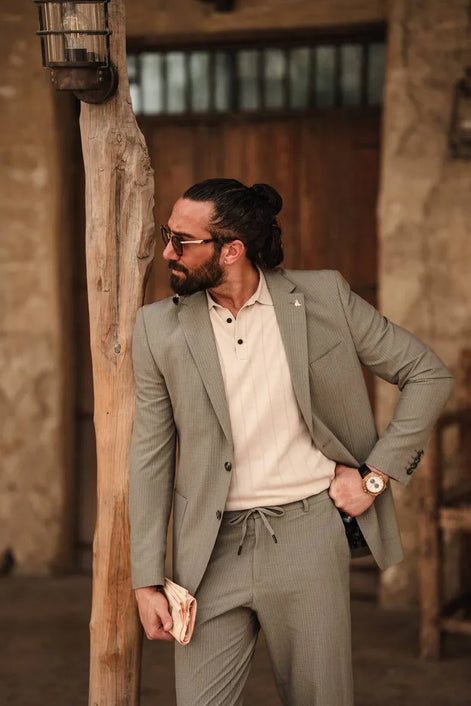Khaki Slim Fit 2 Piece Striped Suit for Men | GENT WITH Khaki Slim Fit 2 Piece Striped Suit for Men | GENT WITH