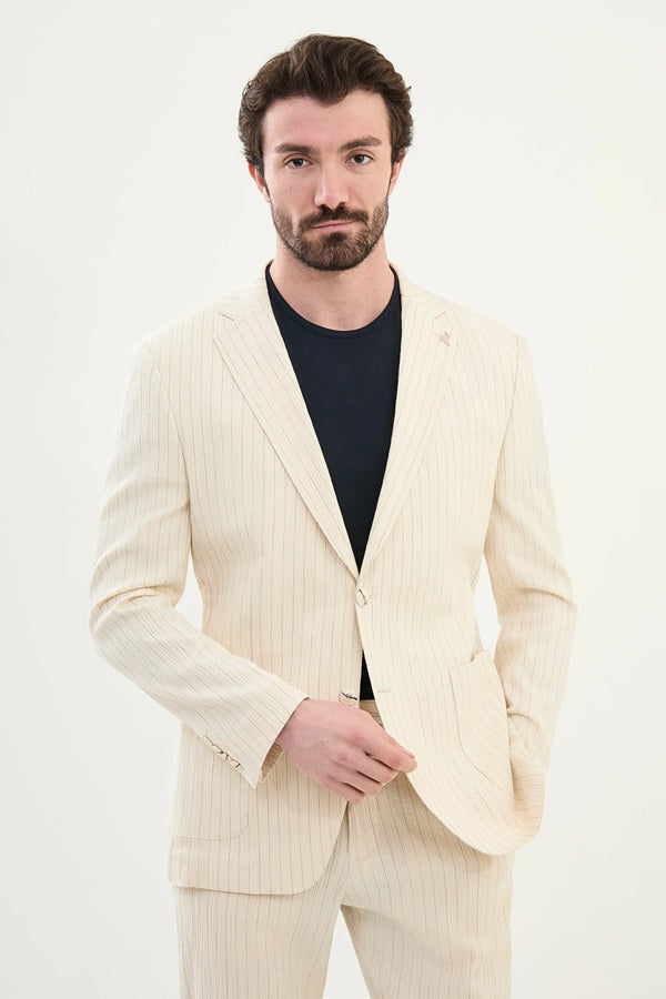 Marion 2 Piece Beige Pin Stripe Suit