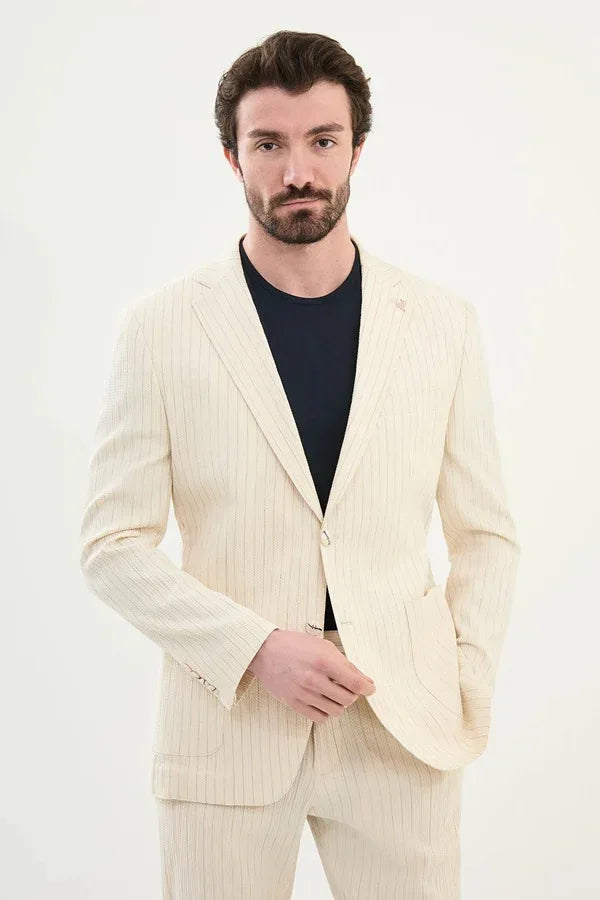 Marion 2 Piece Beige Pin Stripe Suit