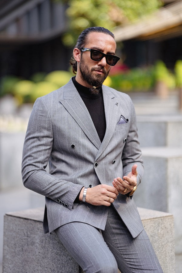 Rapid Gray Slim Fit Peak Lapel Double Breasted Striped Suit