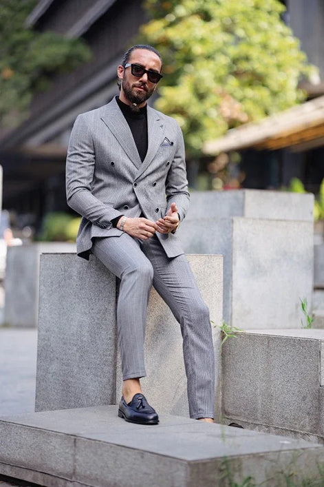Rapid Gray Slim Fit Peak Lapel Double Breasted Striped Suit