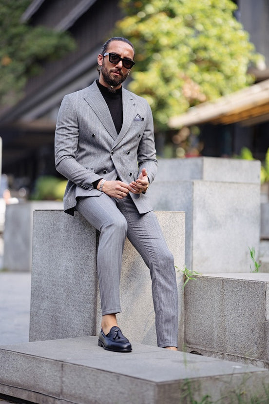 Gray Double Breasted Striped Suit