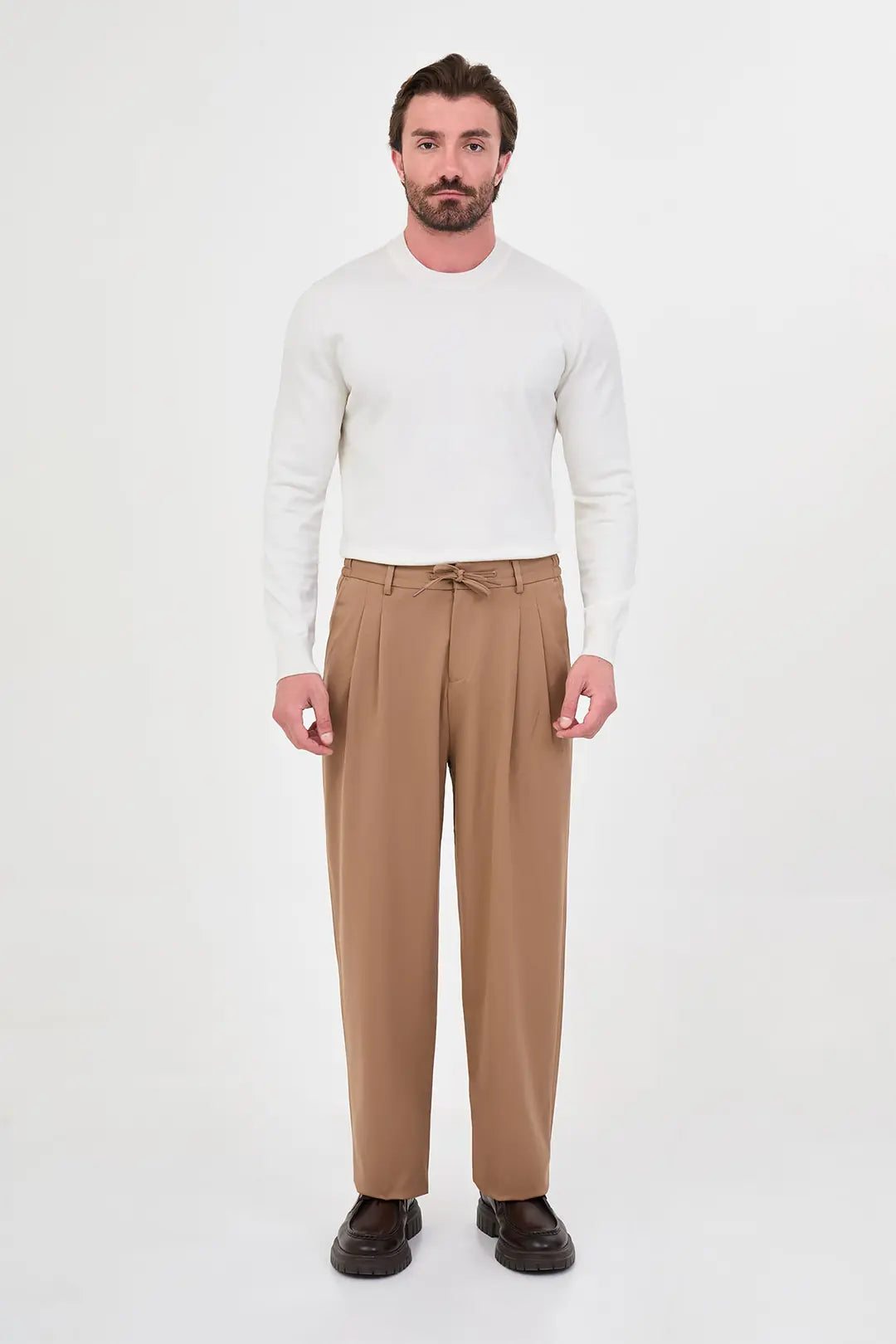 Men's Pleated Drawstring Trousers Beige