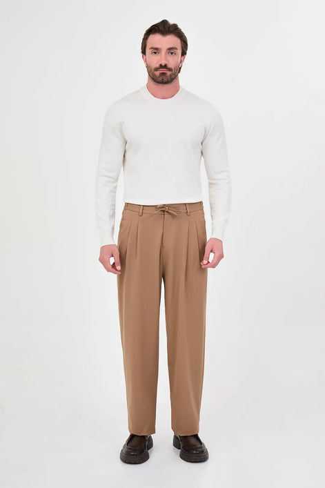 Men's Pleated Drawstring Trousers Beige