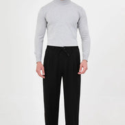 Men's Black Pleated Drawstring Trousers