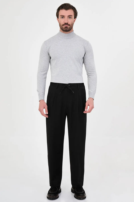 Men's Black Pleated Drawstring Trousers