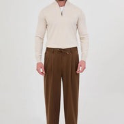Men's Brown Pleated Drawstring Trousers