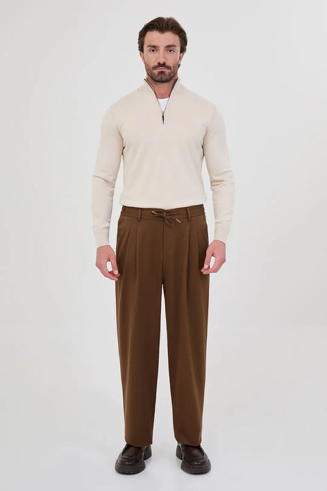 Men's Brown Pleated Drawstring Trousers