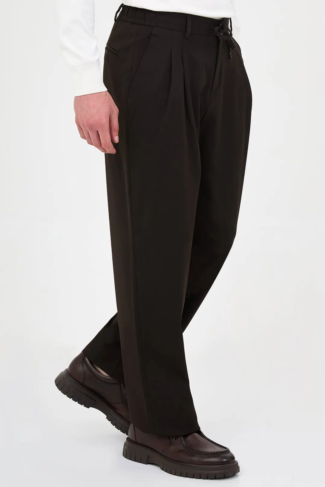 Men's Pleated Drawstring Trousers Dark Brown