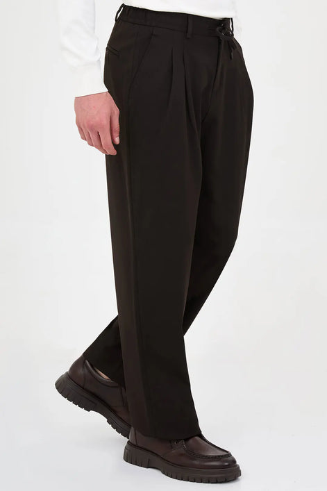 Men's Pleated Drawstring Trousers Dark Brown