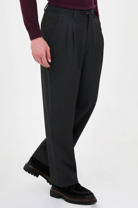 Men's Pleated Drawstring Trousers Charcoal