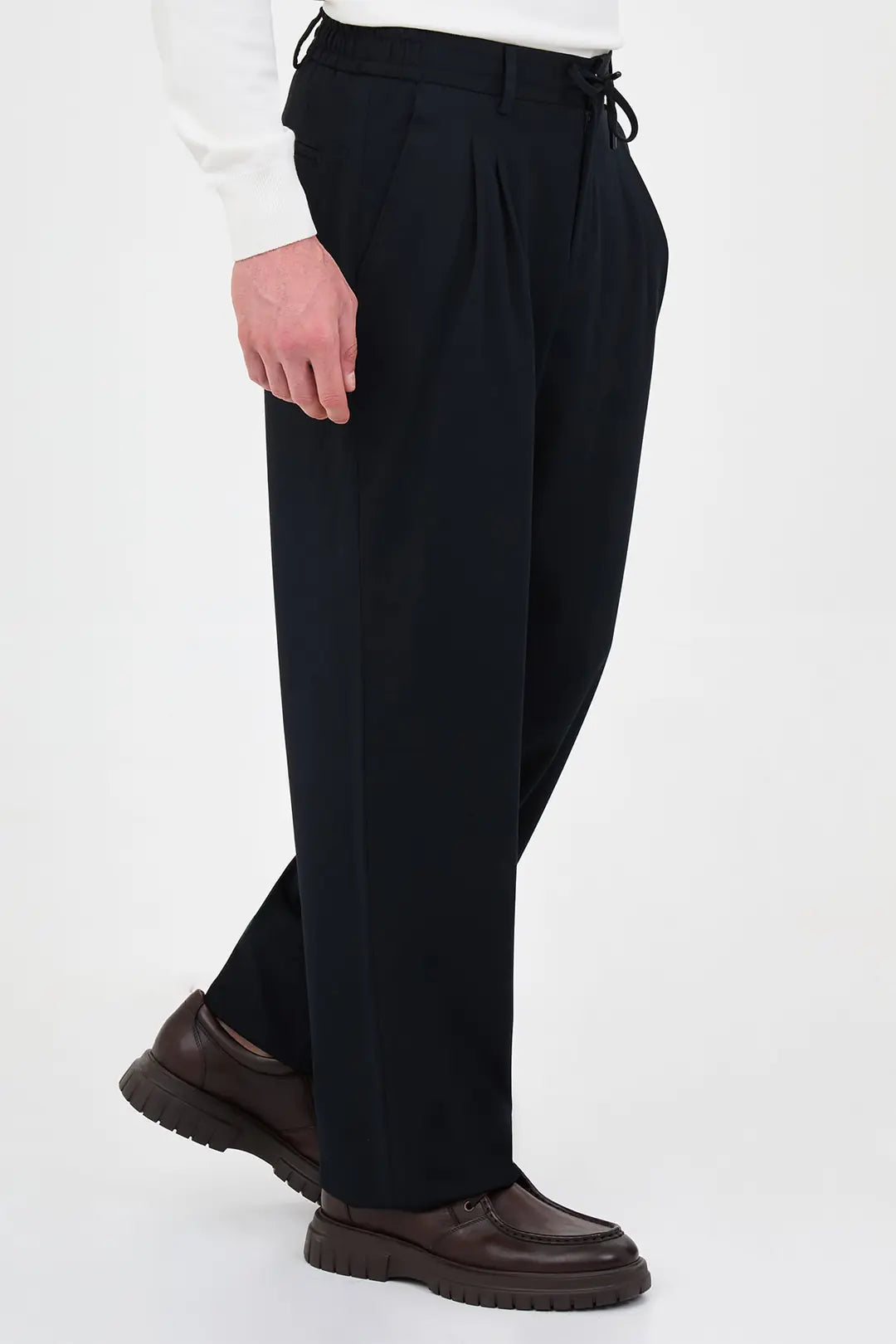 Men's Pleated Drawstring Trousers Navy Blue