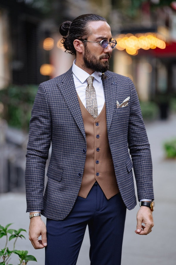 GentWith Rapid Navy Blue Slim Fit Peak Lapel 3 Piece Combined Suit