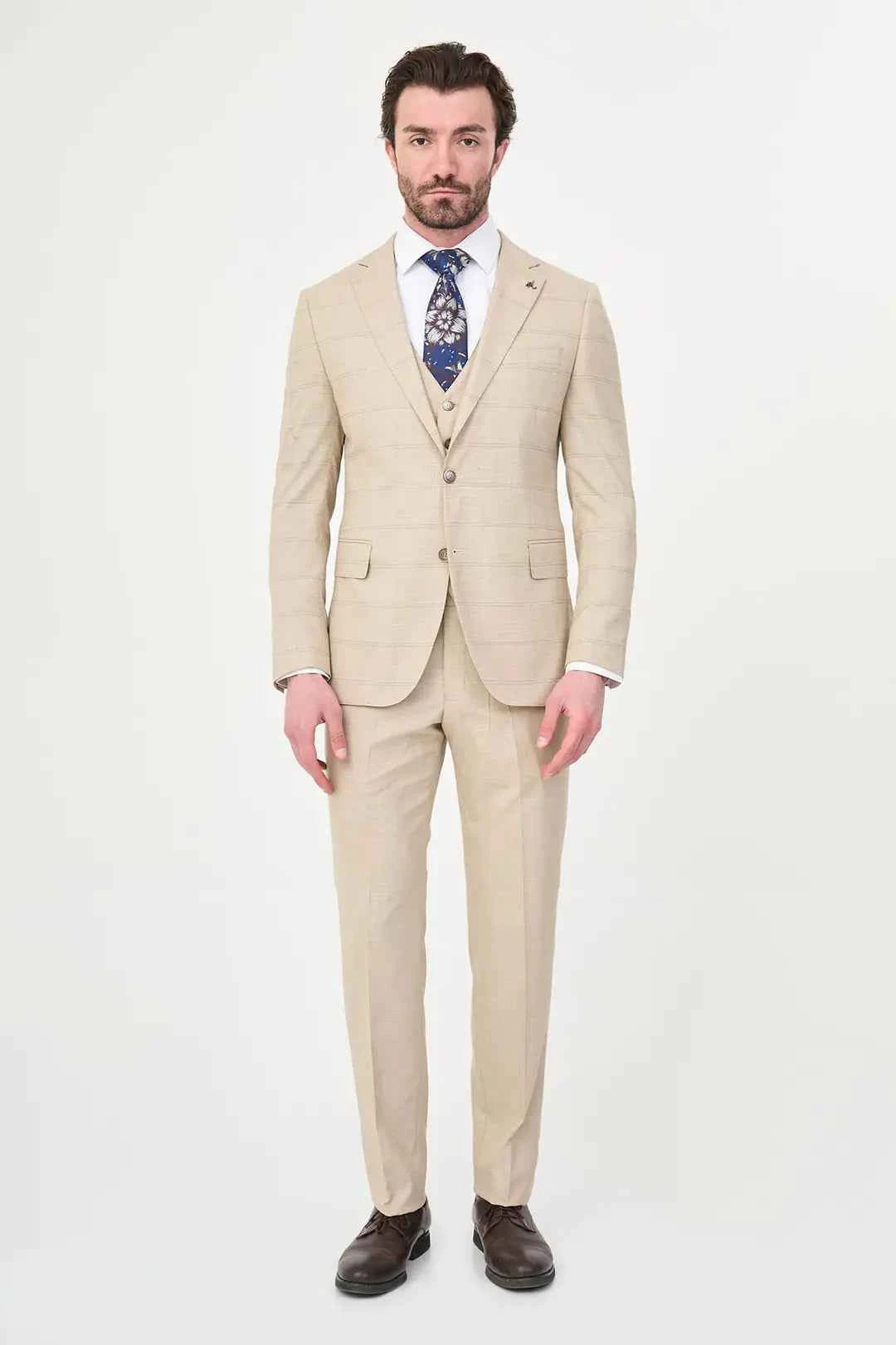 Men's Beige Check Three-Piece Slim Fit Suit