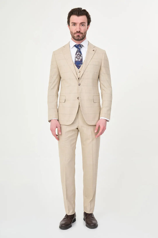 Men's Beige Check Three-Piece Slim Fit Suit