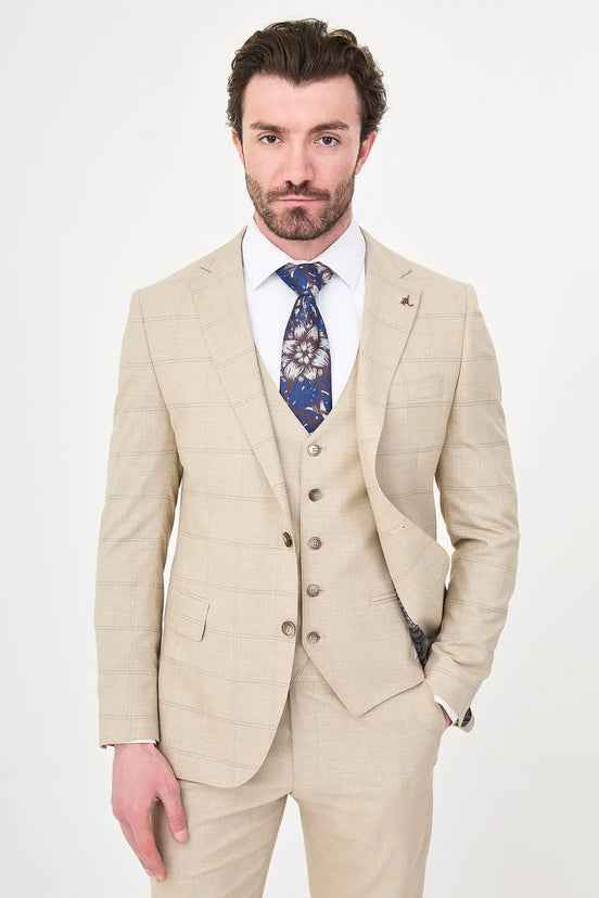 Men's Beige Check Three-Piece Slim Fit Suit
