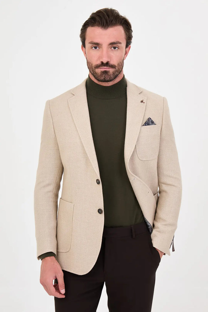 Men's Beige Wool Textured Blazer