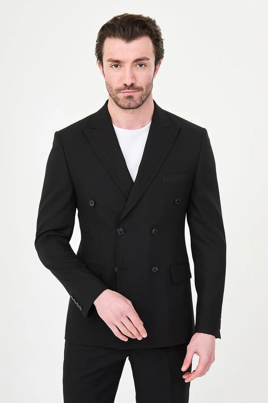 Men's Black Double-Breasted Slim Fit Suit