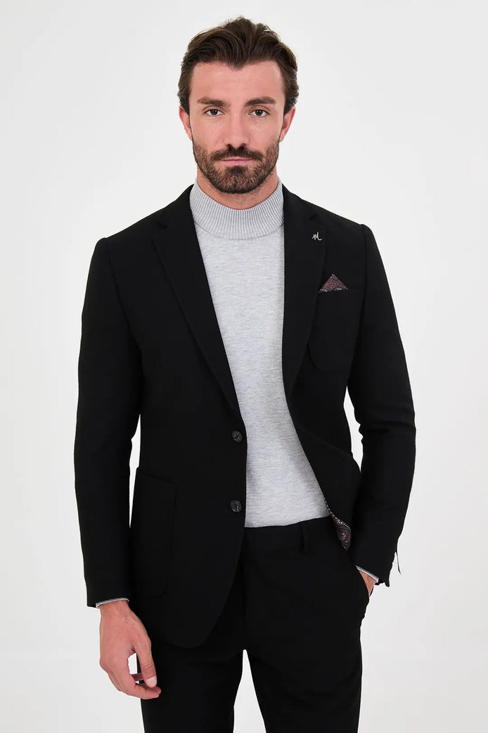 Men's Black Wool Textured Blazer