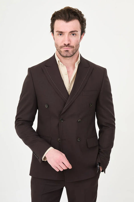 Men's Brown Double-Breasted Slim Fit Suit