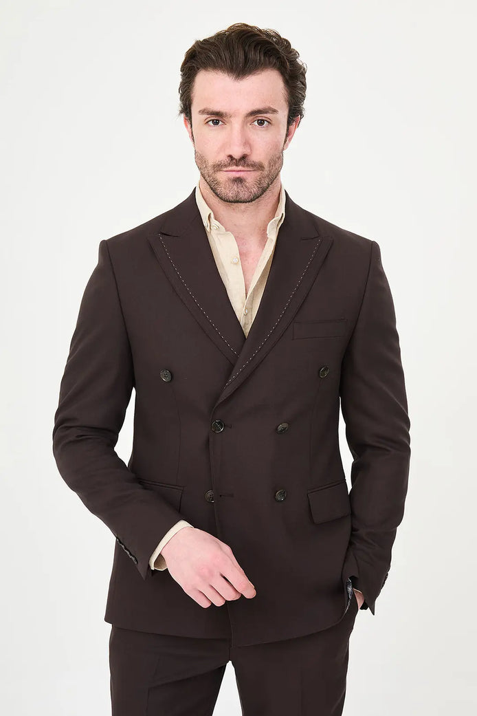 Men's Brown Double-Breasted Slim Fit Suit