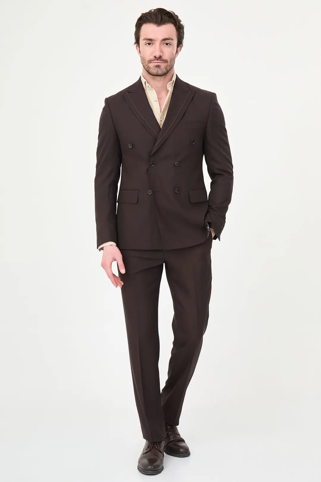 Men's Brown Double-Breasted Slim Fit Suit